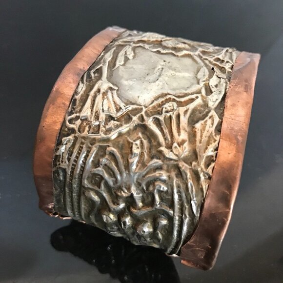 Antique Victorian Sterling Silver Green Man Copper Cuff 925 Bracelet Art nouveau - Picture 2 of 8